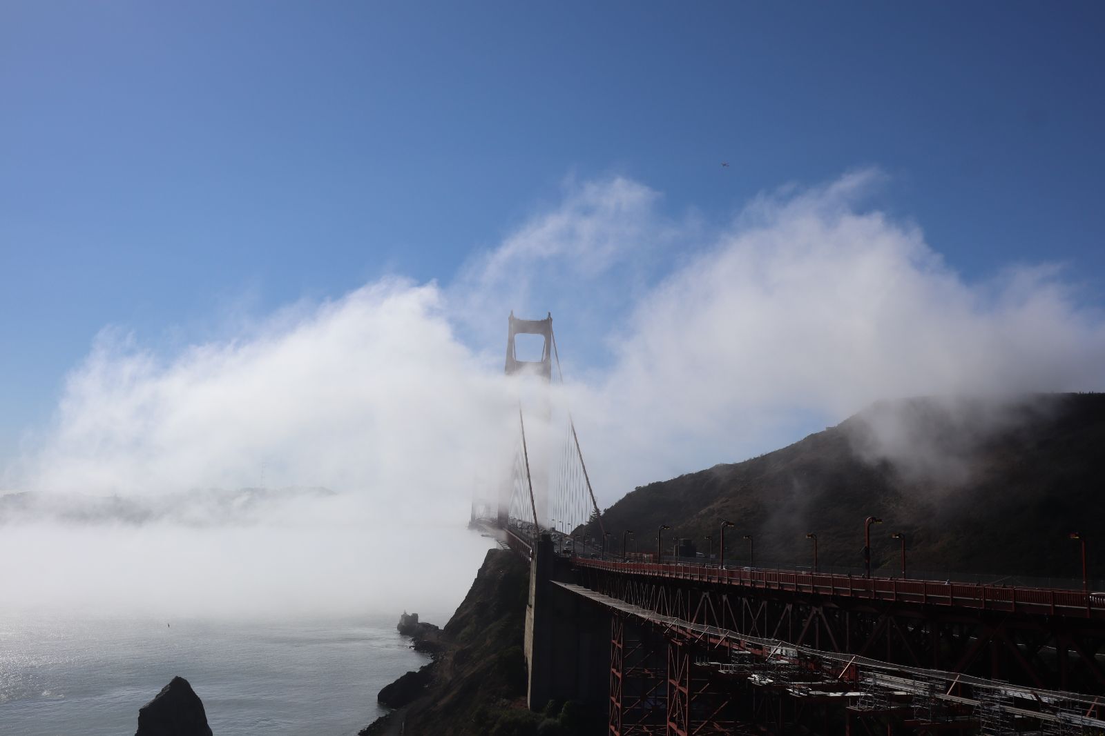 Monday 23rd October 2023, Golden Gate bridge disappearing in the mist San Francisco bay, taken from Sausalito side